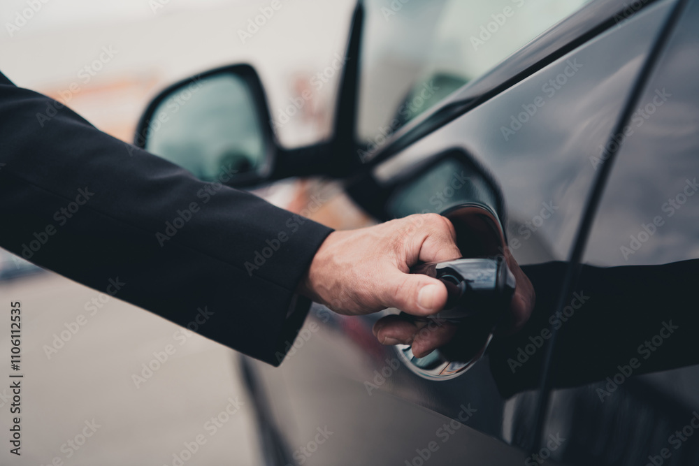 Mature businessman opening car door, wearing suit, concept of travel and transportation Mature businessman opening car door, wearing suit, concept of travel and transportation