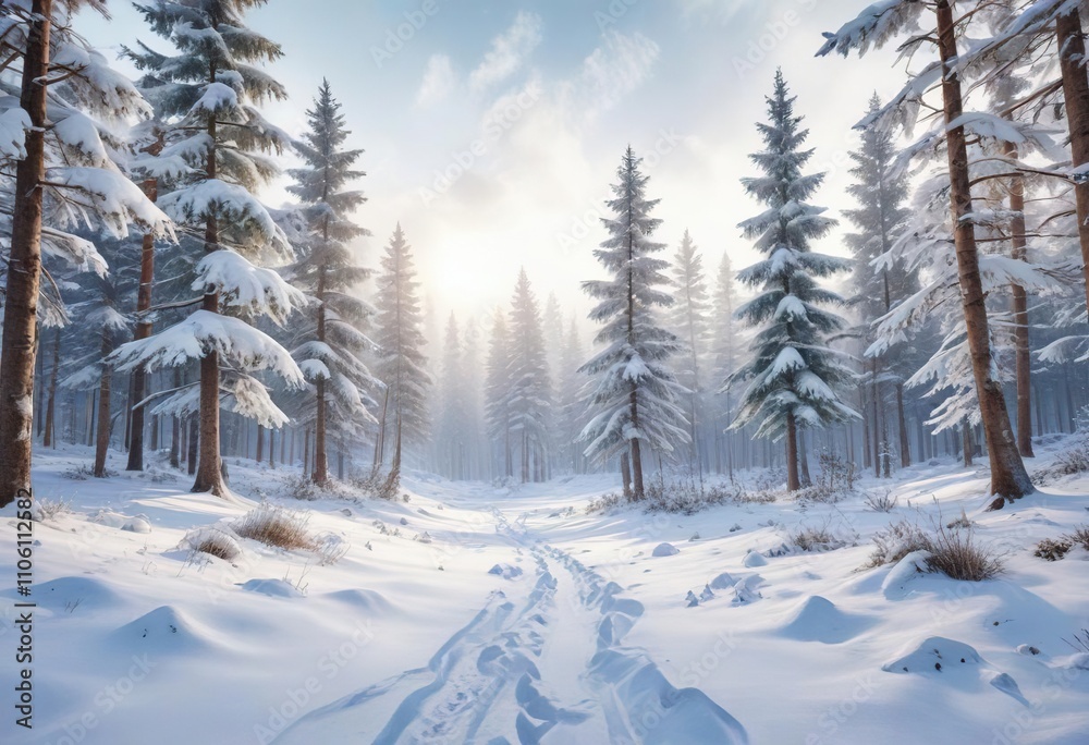 Obraz premium Watercolor winter forest landscape with snow-covered trees, pine, wilderness, frozen, tranquil, snowfall