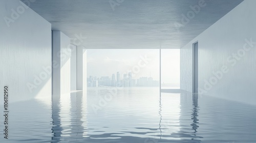 A contemporary room with water flooding the floor and a cityscape visible through the window.  