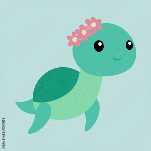 Adorable Sea Turtle with Flower Crown, Cute Cartoon Illustration