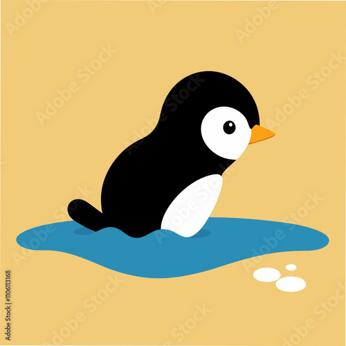 Adorable Cartoon Penguin Chick in a Small Puddle