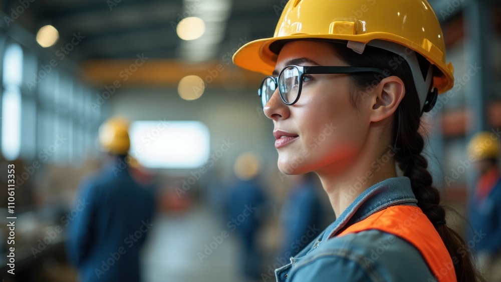 A focused female construction worker in a hard hat and safety glasses observes her colleagues in a busy warehouse. The environment is bright and organized, indicating teamwork and diligence A focused female construction worker in a hard hat and safety glasses observes her colleagues in a busy warehouse. The environment is bright and organized, indicating teamwork and diligence