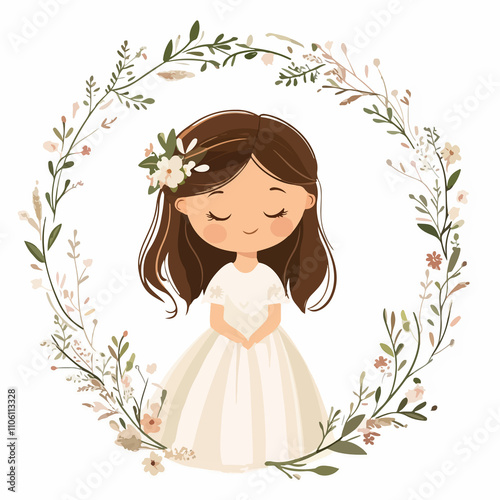Sweet Little Girl Wearing Flower Wreath for First Communion