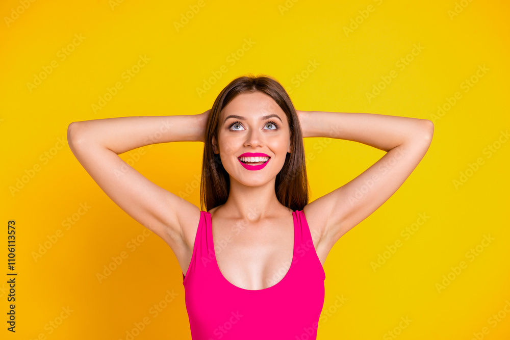 Enjoy your life Close up photo portrait of beautiful cheerful lovely attractive with decollete cleavage lady keeping holding hands behind head planning imagine resort isolated bright vivid background Enjoy your life Close up photo portrait of beautiful cheerful lovely attractive with decollete cleavage lady keeping holding hands behind head planning imagine resort isolated bright vivid background