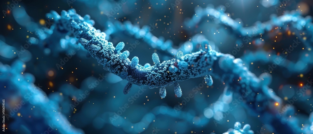 Fototapeta premium A close-up, abstract representation of a molecular structure with blue hues, showcasing intricate details and a dynamic, scientific atmosphere.