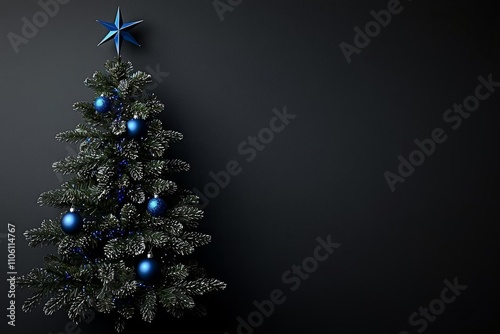 minimalistic black background with a simple Christmas tree made of hexagons and blue lights on the left side photo