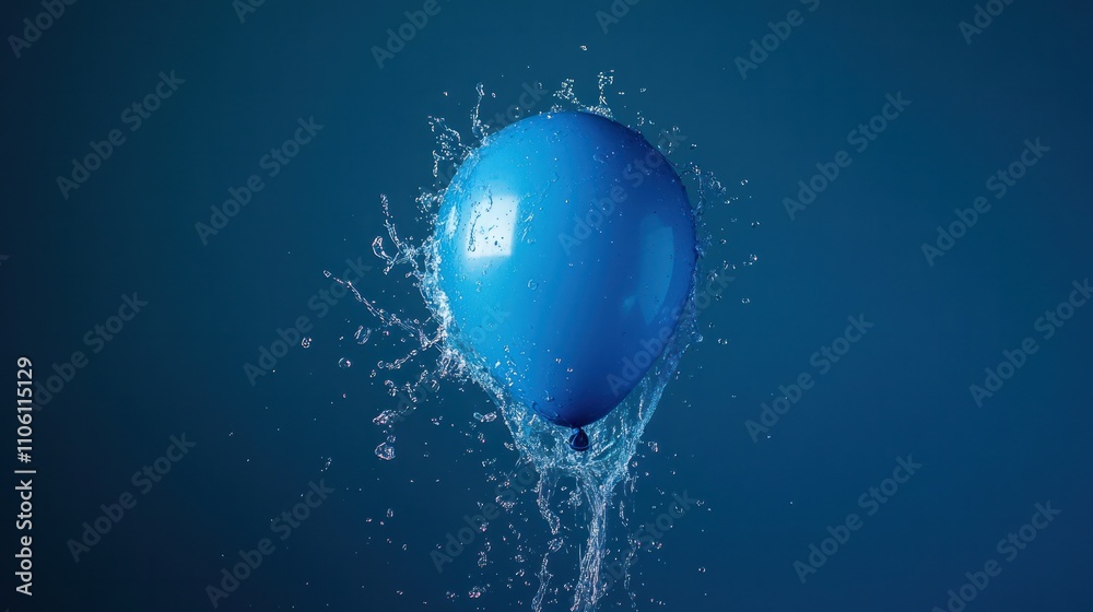 Frozen moment of a blue balloon bursting into a dramatic water splash.
Frozen moment of a blue balloon bursting into a dramatic water splash.