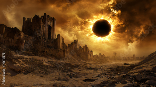 Majestic views of a total solar eclipse over ancient, decaying city ruins, evoking a mystical and foreboding ambiance