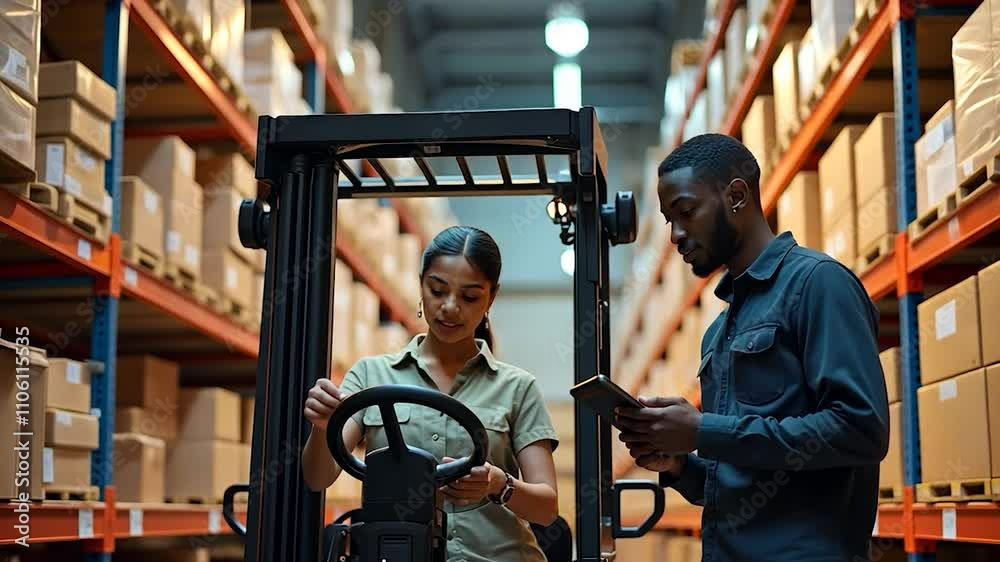 Warehouse Workers Using Forklift and Tablet for Inventory Management Warehouse Workers Using Forklift and Tablet for Inventory Management