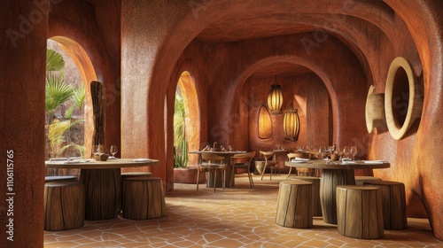 Rustic restaurant interior with arched entryways  wooden tables  and terracotta floors.
