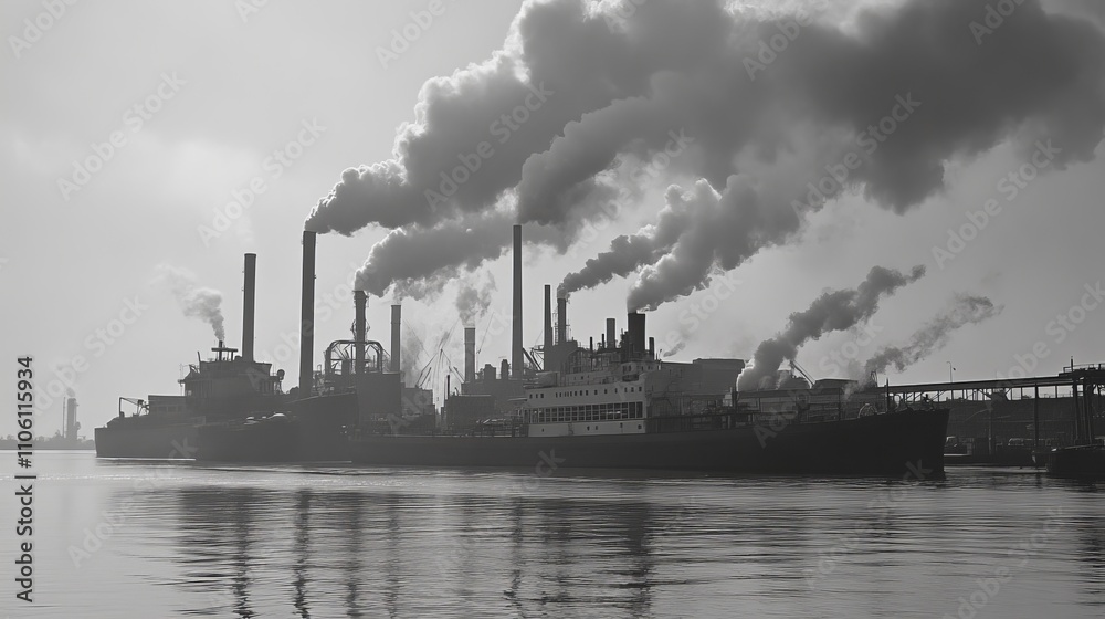 Industrial factory chimneys emitting smoke into the atmosphere.

