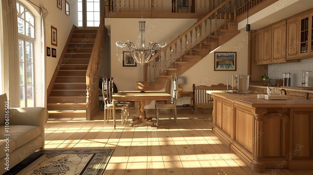 Obraz premium Real home kitchen dinning and living room with wooden stairs