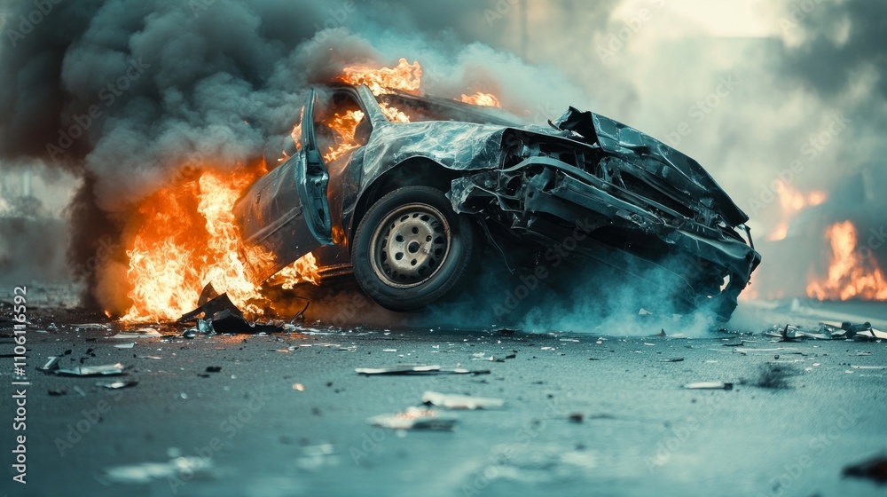 A dramatic scene of a car rollover accident, with smoke and flames visible.
A dramatic scene of a car rollover accident, with smoke and flames visible.