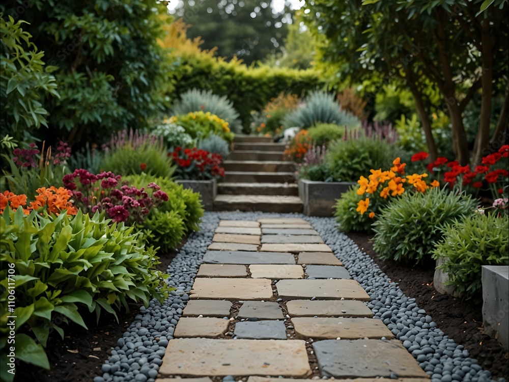 Garden path with grey stone border and vibrant plants. Garden path with grey stone border and vibrant plants.