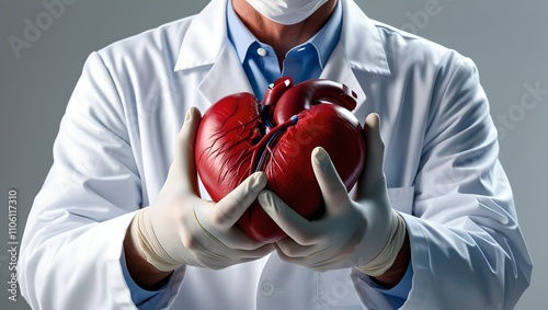 Hands of a doctor in gloves and white coat showing a human heart to be transplanted to a sick patient. Concept of transplantation and organ donation.