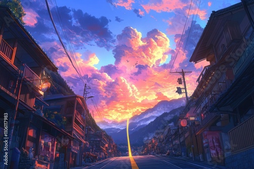 A radiant sun ascends in the sky above an asphalt road in a serene rural landscape