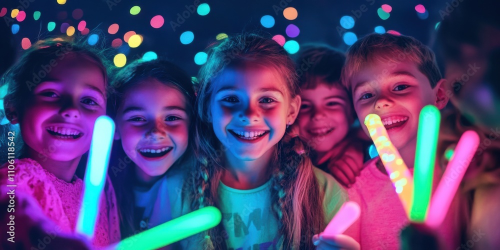 custom made wallpaper toronto digitalA group of kids with colorful glow sticks, cheerful faces, surrounded by New Year banners