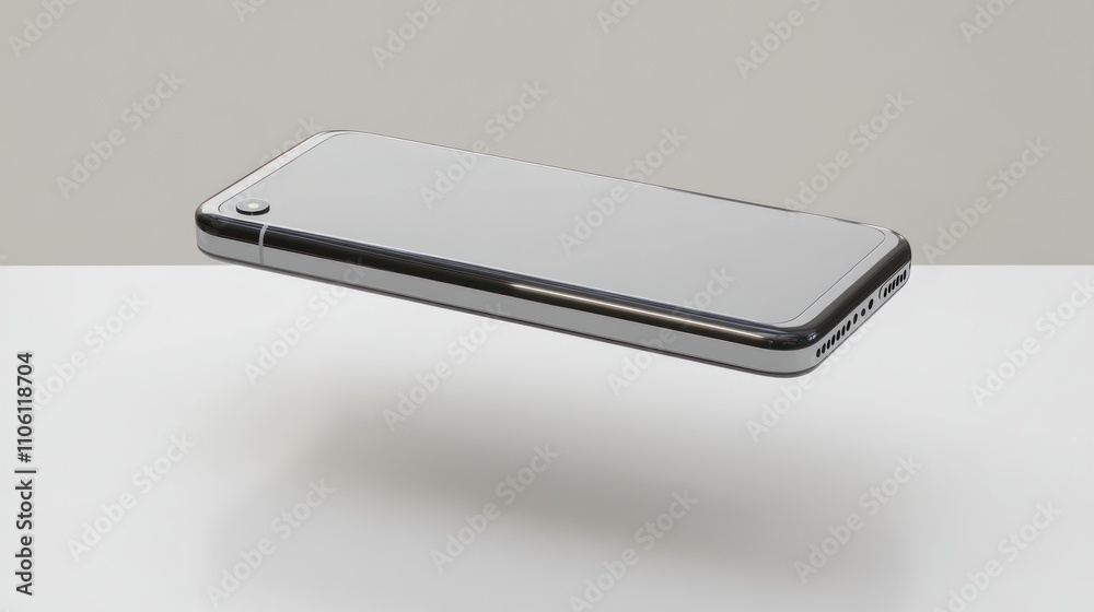 Sleek Silver Smartphone Floating Above White Surface Sleek Silver Smartphone Floating Above White Surface