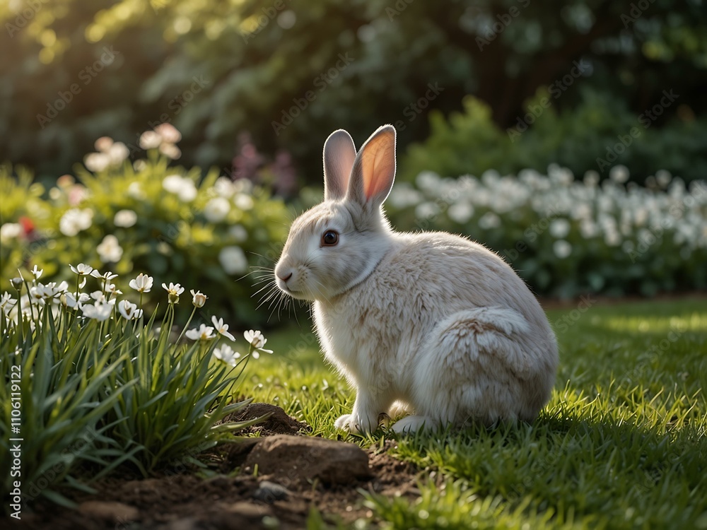 Gentle rabbit in a serene garden setting. Gentle rabbit in a serene garden setting.