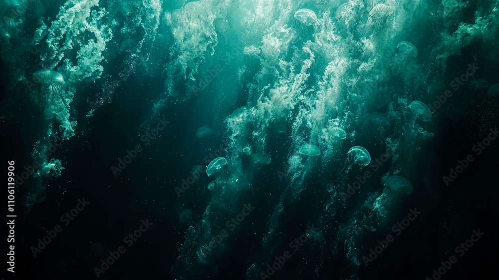 Fototapeta premium A mesmerizing swarm of glowing jellyfish drifting in the dark ocean, their bioluminescent hues creating an ethereal and captivating underwater scene.