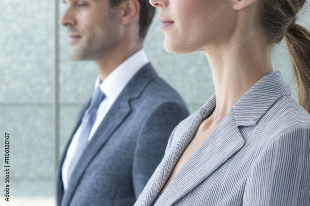 Business Professionals in a Modern Office Environment. A corporate portrait of a woman and a man in formal attire, facing forward with a focus on their calm expressions and stylish suits.
Business Professionals in a Modern Office Environment. A corporate portrait of a woman and a man in formal attire, facing forward with a focus on their calm expressions and stylish suits.