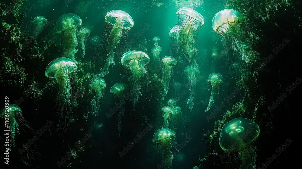 Fototapeta premium A mesmerizing swarm of glowing jellyfish drifting in the dark ocean, their bioluminescent hues creating an ethereal and captivating underwater scene.