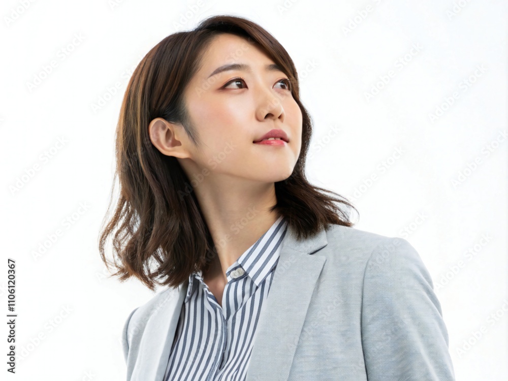 Young Asian Woman in Professional Blazer and Striped Blouse, White Background Young Asian Woman in Professional Blazer and Striped Blouse, White Background