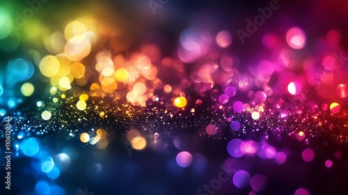 A vibrant, colorful abstract background with bokeh and sparkling lights.