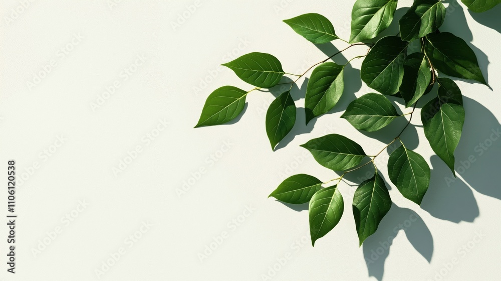 Cluster of green leaves casting shadows against a light pastel background with minimalist and natural design elements. Cluster of green leaves casting shadows against a light pastel background with minimalist and natural design elements.