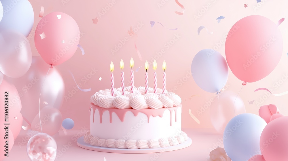 A birthday cake with pink frosting and pink balloons. The cake has six candles on it. The image conveys a festive and celebratory mood, as it is a birthday cake with candles A birthday cake with pink frosting and pink balloons. The cake has six candles on it. The image conveys a festive and celebratory mood, as it is a birthday cake with candles