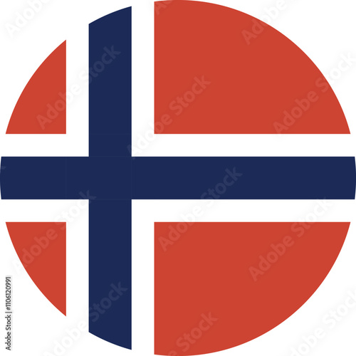 Norway round flag with a vibrant red background and blue cross design showcasing national pride. Vector image. Vector images are isolated on a transparent background.