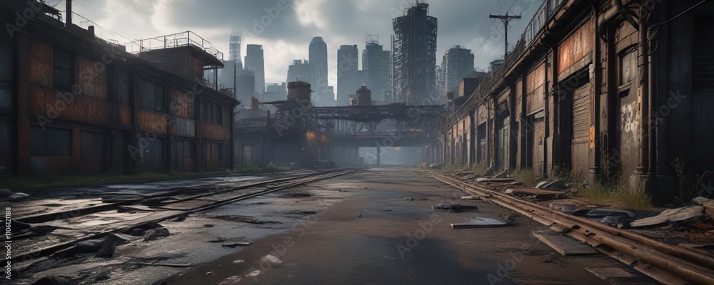 Fototapeta premium Dark and gritty urban landscape with rusty metal textures, background, weathered, urban