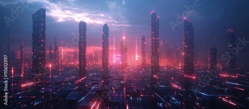 Futuristic city skyline with glowing neon lights and tall skyscrapers at sunset.