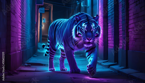 A neon purple and blue tiger with glowing eyes and stripes, against a dark background photo