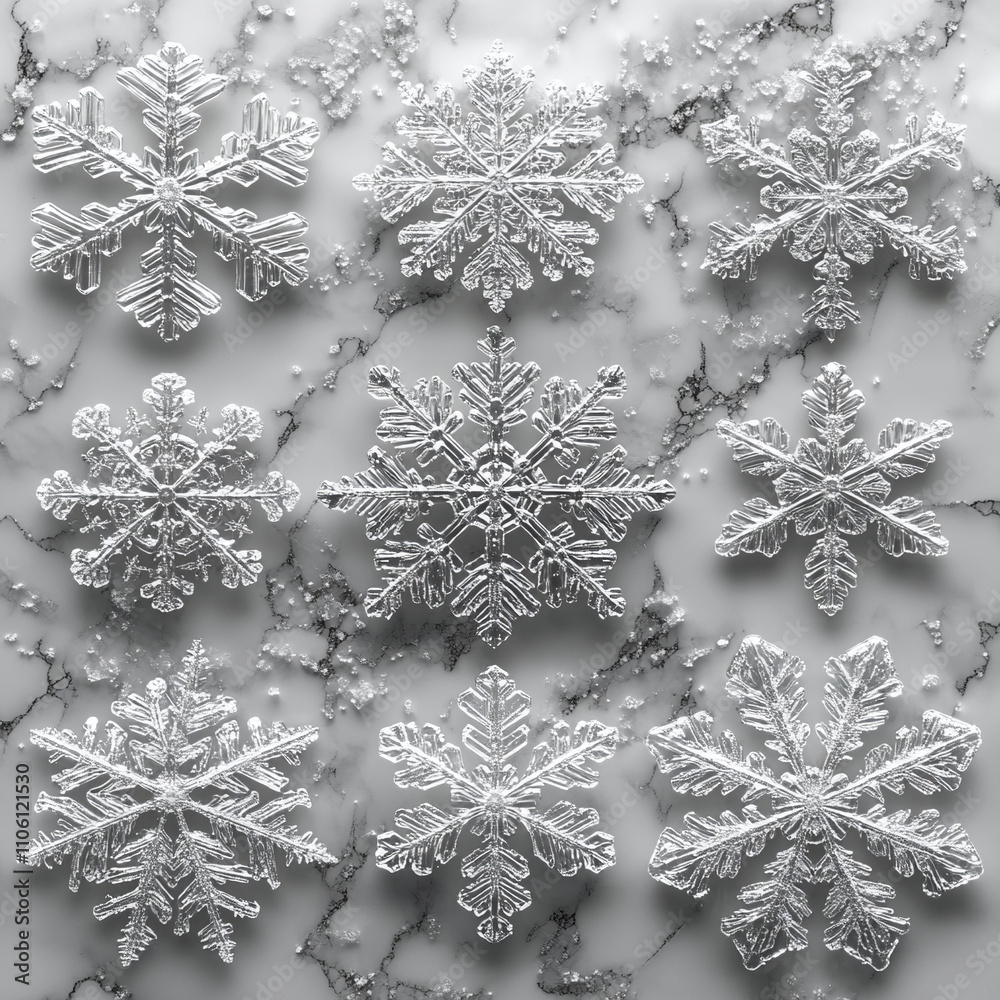 Delicate snowflakes of various shapes and sizes, floating against Delicate snowflakes of various shapes and sizes, floating against
