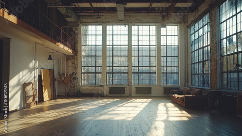 Bright urban apartment featuring modern furniture, large windows, and clean lines. The airy space combines chic design with industrial elements for a contemporary aesthetic.