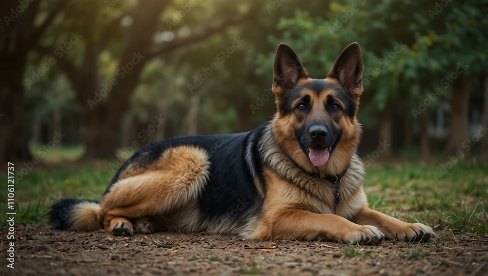 German Shepherd dog lying down, calm and serene. German Shepherd dog lying down, calm and serene.