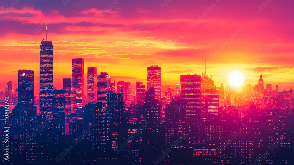 Silhouette of towering skyscrapers set against a breathtaking fiery orange and pink sunset, capturing the beauty of an urban cityscape at dusk. Silhouette of towering skyscrapers set against a breathtaking fiery orange and pink sunset, capturing the beauty of an urban cityscape at dusk.