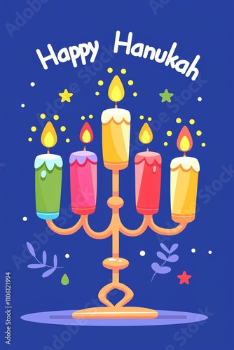Happy Hanukkah greeting card with lettering and burning candles on blue background. Jewish holiday Hanukah, Chanukah. Bright colorful design in  cartoon flat lay style