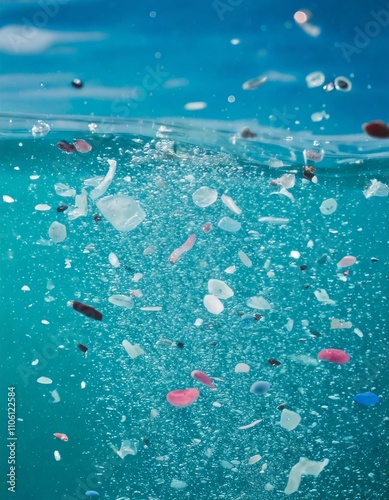 Close-up of microplastics floating in clear water, emphasizing pollution in oceans