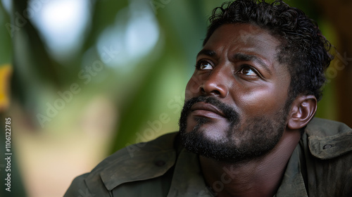 Black Forest Ranger Man in Olive Green Shirt Gazing in the Jungle, surrounded by towering trees, dappled sunlight, and the distant sound of chirping birds and  rustling leaves. photo