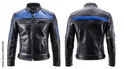 Men's black leather jacket front and back views