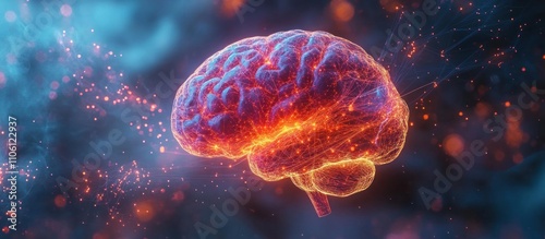 A glowing 3D rendering of a human brain with bright lights and particles.