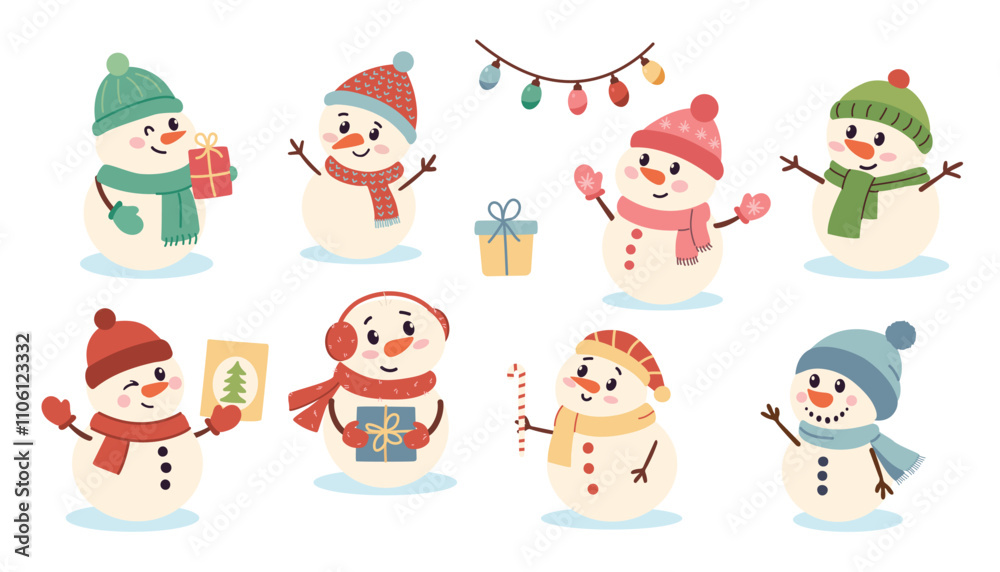 Set of cute snowman characters. Vector illustration in cartoon style. Set of cute snowman characters. Vector illustration in cartoon style.
