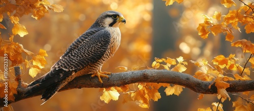 A majestic falcon perches on a branch amidst a backdrop of vibrant autumn foliage, the sunlight casting a warm glow through the leaves.