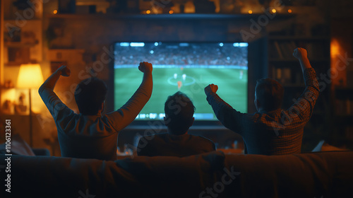 Back view of men watching a soccer match together on TV, cheering for their team in a living room at night. Atmosphere for a game night