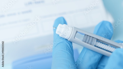 Close up on a needle on diabetic medication pen. Hands with blue glowes taping pen. High quality photo
