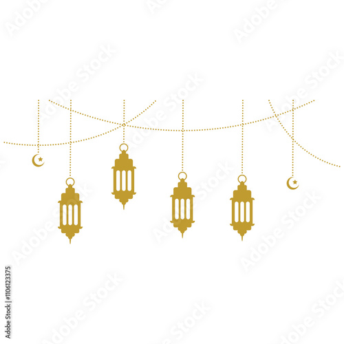 Islamic decoration with hanging golden lanterns, stars, and moon. Symbols of Ramadan Mubarak, Hanging Gold Lanterns, arabic lamps, lanterns moon, star, art vector and illustration.