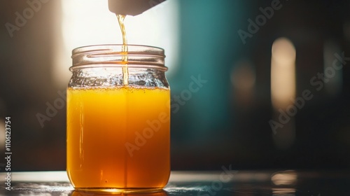 A person is pouring freshly made juice into a clear glass jar, capturing the vibrant yellow color. The background shows a bright kitchen filled with natural light, creating a cheerful atmosphere.