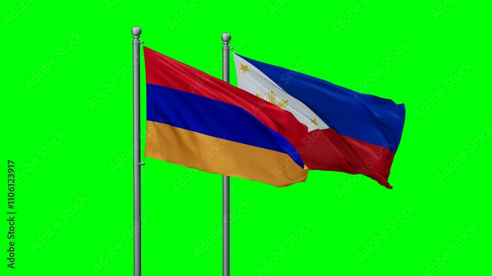 Philippines and Armenia flags flying together, video concept of the relationship with colored chroma key for easy background remove, two country cooperation concept Philippines and Armenia flags flying together, video concept of the relationship with colored chroma key for easy background remove, two country cooperation concept